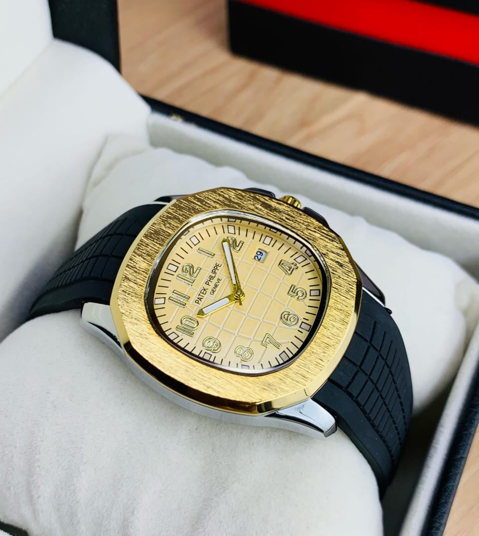 Patek Philippe Nautilus Golden Bazel – Rubber Strap, Butterfly Lock, Date & Time